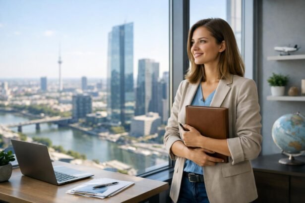 Nő karriert épít a modern irodájában, álmait keresi.