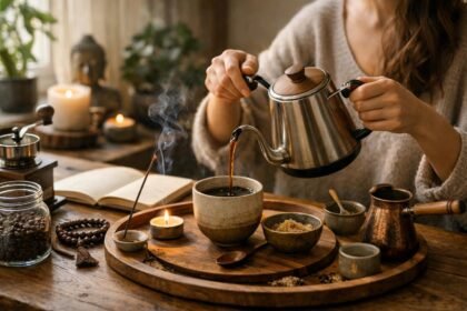 Kávé készítése meditatív környezetben szertartásos formában.