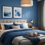 Kék hálószoba modern berendezéssel és nyugtató árnyalatokkal.