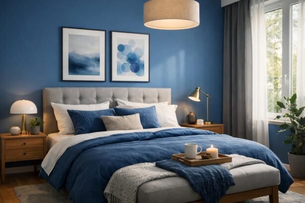 Kék hálószoba modern berendezéssel és nyugtató árnyalatokkal.
