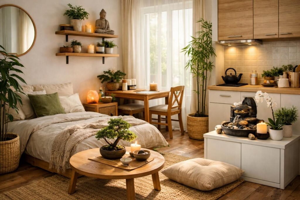 Harmonikus feng shui tér kis garzonban, növényekkel és világítással.