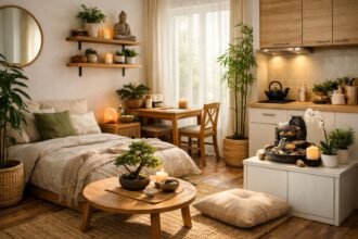 Harmonikus feng shui tér kis garzonban, növényekkel és világítással.