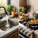 Modern konyhai csap és tűzhely harmonikus elrendezése