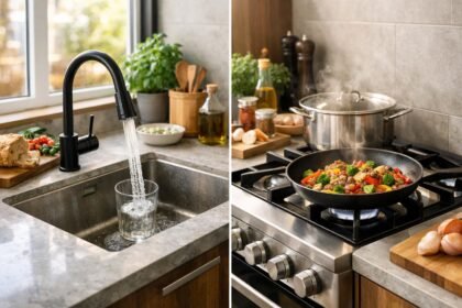 Modern konyhai csap és tűzhely harmonikus elrendezése