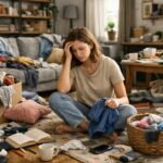 Nő ült a rendetlen szobában, fejét fogva, stresszben a káosz miatt.