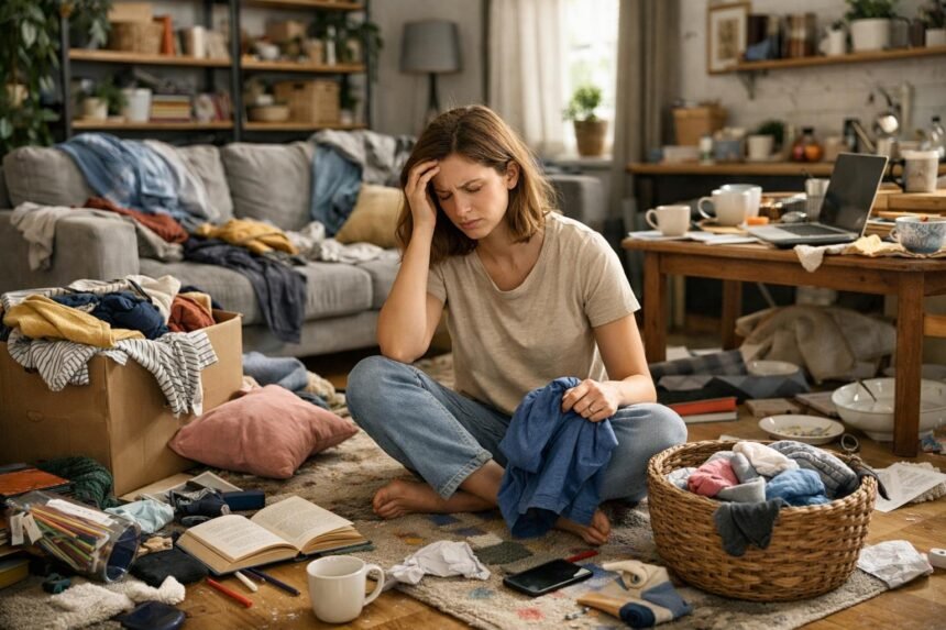 Nő ült a rendetlen szobában, fejét fogva, stresszben a káosz miatt.