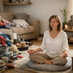 Nő meditál a rendetlenség közepette, feng shui elemekkel.