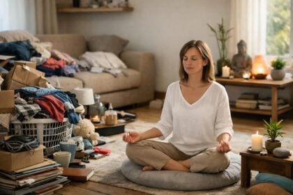 Nő meditál a rendetlenség közepette, feng shui elemekkel.