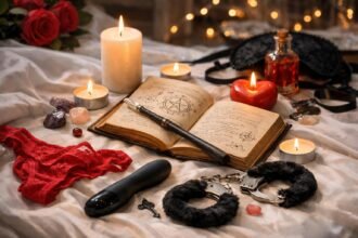 Mágikus hálószobai kiegészítők, gyertyák és szexuális játékok.