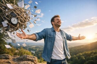 Férfi, aki örömmel szabadul meg a stressztől és a problémáktól.