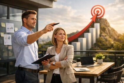 Két üzleti ember beszélget a célok eléréséről egy teraszon.