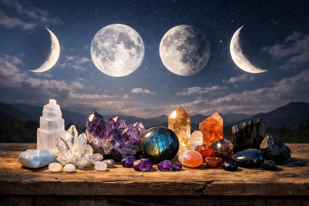 Kristályok az újhold és telihold fázisában, harmónia és energia.