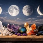 Kristályok az újhold és telihold fázisában, harmónia és energia.