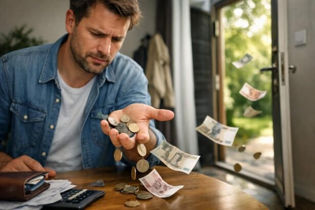 Férfi, aki pénzt számol a kezében, miközben a háttérben ajtó nyílik.