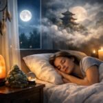 Egy nő békésen alszik a feng shui elemekkel díszített hálószobában.