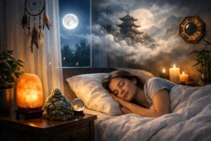 Egy nő békésen alszik a feng shui elemekkel díszített hálószobában.