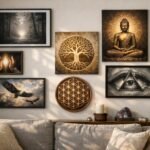 Buddha, fa szimbólum és természet képek a falon, otthoni harmónia