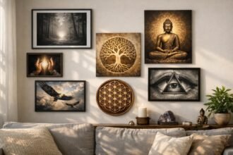 Buddha, fa szimbólum és természet képek a falon, otthoni harmónia