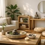 Minimalista nappali feng shui elemekkel és békés hangulattal.