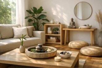 Minimalista nappali feng shui elemekkel és békés hangulattal.