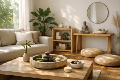 Minimalista nappali feng shui elemekkel és békés hangulattal.