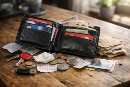 Rendetlen pénztárca pénzzel, bankkártyákkal és számlákkal.