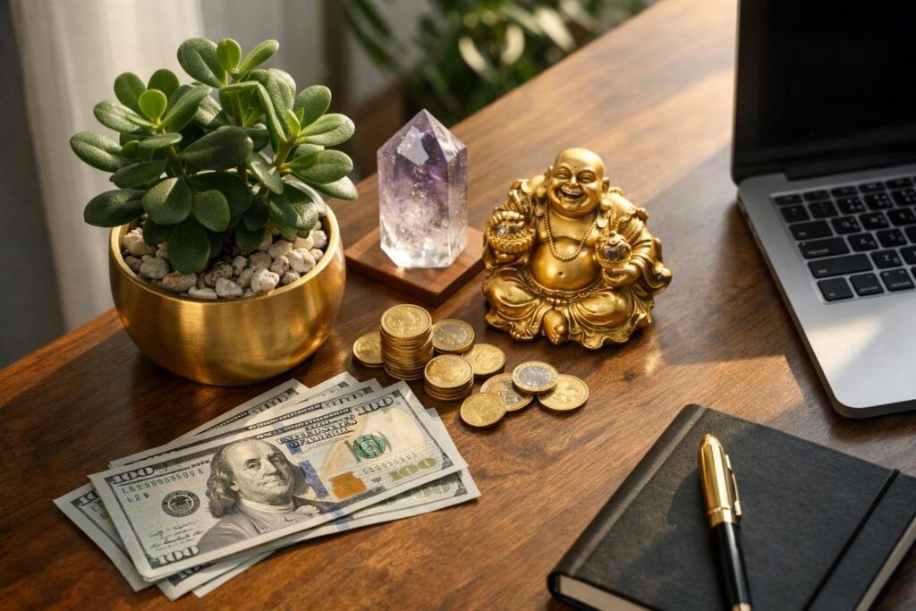 Feng Shui gazdagság szimbólumok íróasztalon: növény, kristály és Buddha