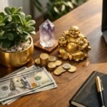 Feng Shui gazdagság szimbólumok íróasztalon: növény, kristály és Buddha