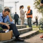 Egy munkanélküli férfi szomorúan ül a lépcsőn, mellette egy doboz a dolgairól.