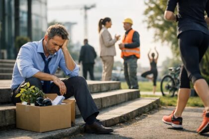 Egy munkanélküli férfi szomorúan ül a lépcsőn, mellette egy doboz a dolgairól.