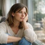 Nő, aki az érzelmeivel foglalkozik otthoni környezetben.