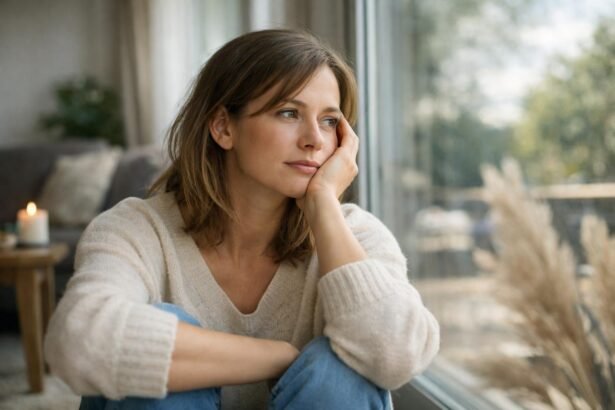 Nő, aki az érzelmeivel foglalkozik otthoni környezetben.