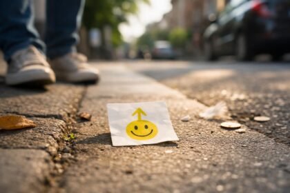 Utcán heverő mosolygós üzenet, szinkronicitás jele