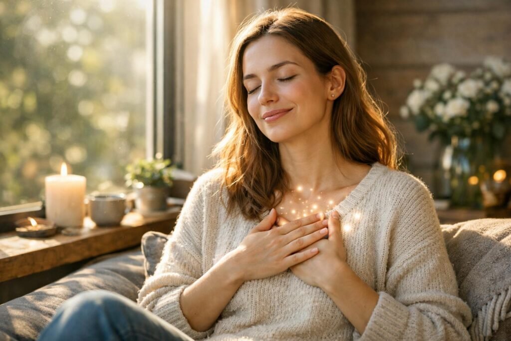 Egy nő egyedül ül a kanapén, szívét felé tartja, békét sugároz.