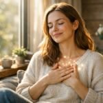Egy nő egyedül ül a kanapén, szívét felé tartja, békét sugároz.