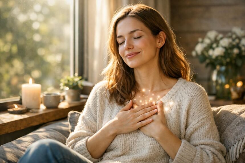 Egy nő egyedül ül a kanapén, szívét felé tartja, békét sugároz.