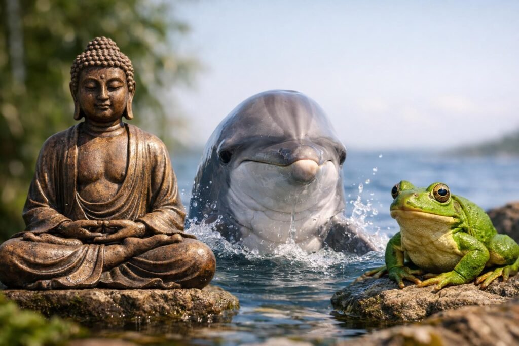 Buddha szobor, delfin és béka vízparton, harmónia szimbólumai