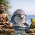 Buddha szobor, delfin és béka vízparton, harmónia szimbólumai