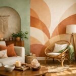 Modern lakás belső tér színes falakkal és kényelmes bútorokkal.