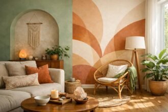 Modern lakás belső tér színes falakkal és kényelmes bútorokkal.