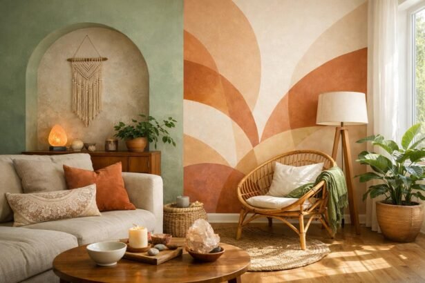 Modern lakás belső tér színes falakkal és kényelmes bútorokkal.