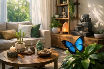 Kék pillangó a nappaliban feng shui dekorációval