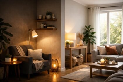 Harmonikus nappali világítással és dekorációval.