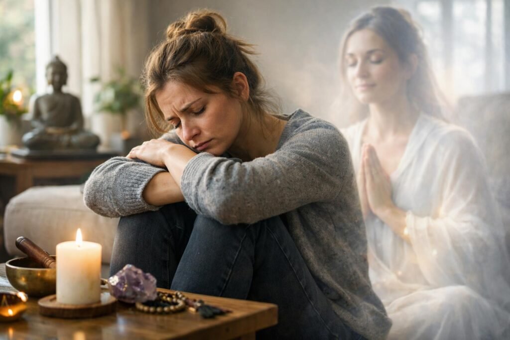 Egy nő szomorúan ül egy asztal mellett, mögötte egy spirituális figura