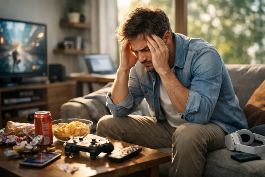 Stresszel küzdő férfi a kanapén, ételek és videojátékok mellett.