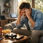 Stresszel küzdő férfi a kanapén, ételek és videojátékok mellett.