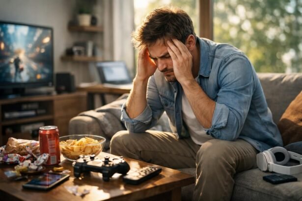 Stresszel küzdő férfi a kanapén, ételek és videojátékok mellett.