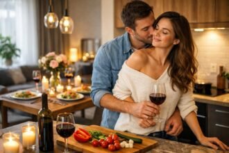 Pár a konyhában, romantikus vacsorával és Feng Shui hangulattal.