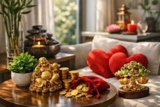 Feng shui dekoráció otthon, boldogság és bőség szimbólumokkal.