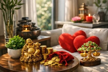 Feng shui dekoráció otthon, boldogság és bőség szimbólumokkal.